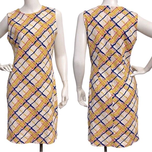 J. McLaughlin Yellow Navy Pink Geometric Plaid Midi Sheath Sleeveless Dress - Picture 3 of 16